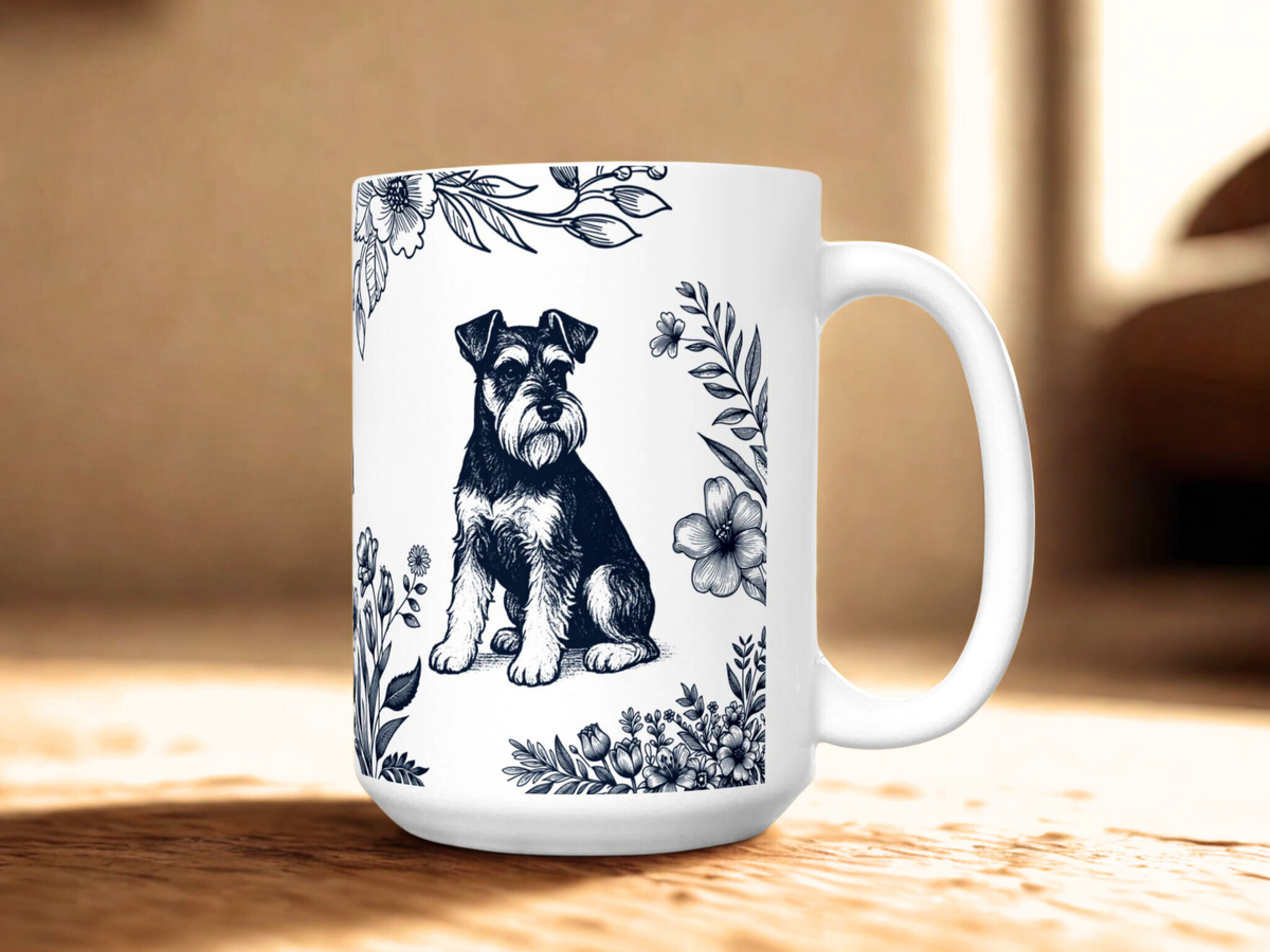 Schnauzer toile accent mug shown as a dog lover gift