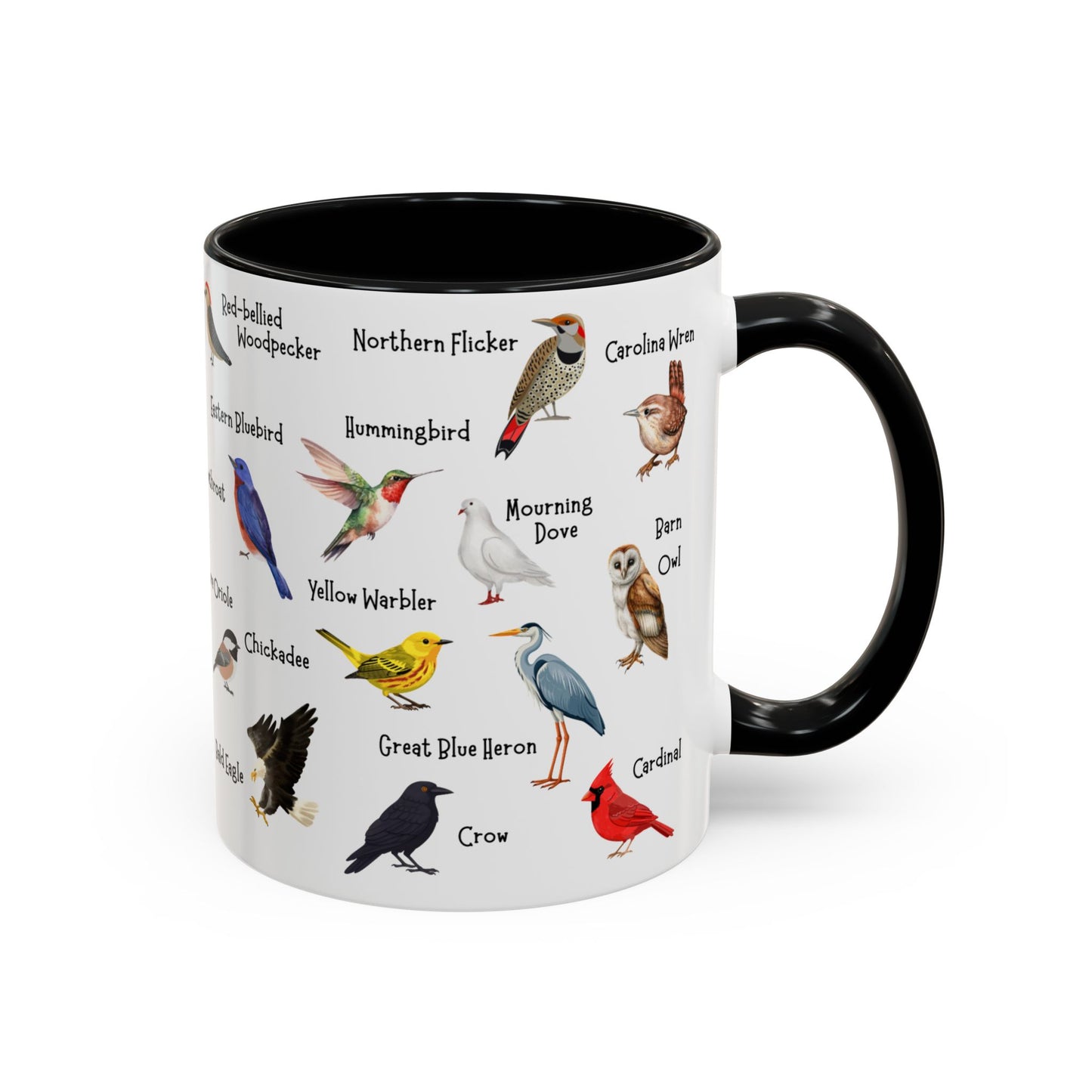 Backyard birds accent coffee mug with named North American bird illustrations and a black handle