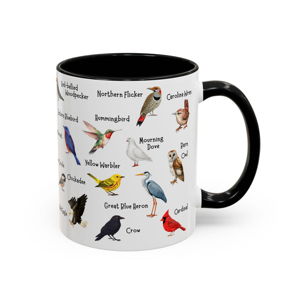 Backyard birds accent coffee mug with named North American bird illustrations and a black handle