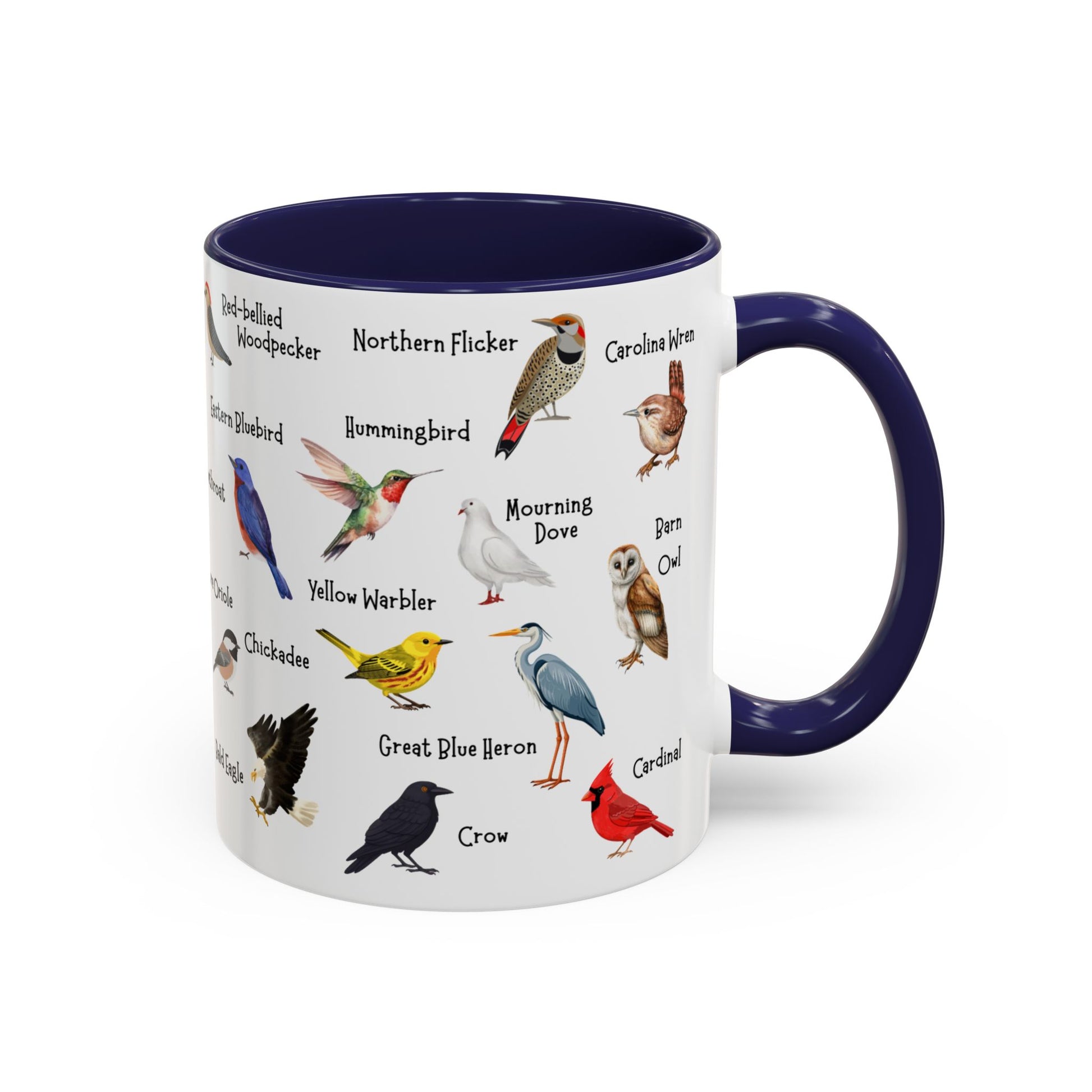 Bird mug for birdwatchers showing labelled bird illustrations wrapping around the ceramic body