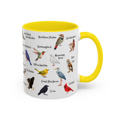 Backyard birds coffee mug photographed on a plain background