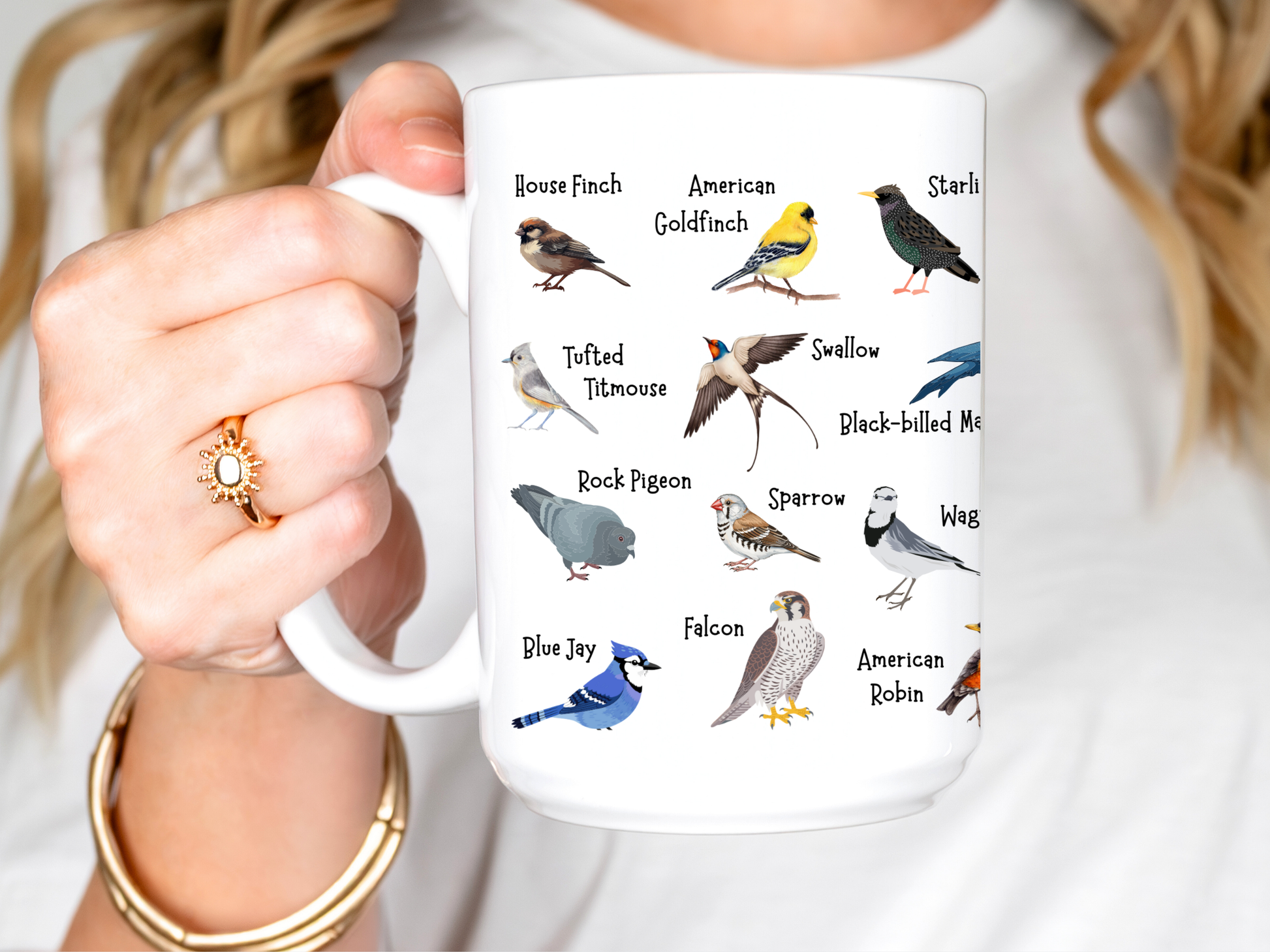 Backyard birds accent mug shown alongside the available handle colors