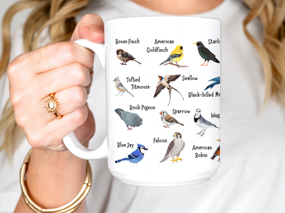 Backyard birds accent mug shown alongside the available handle colors