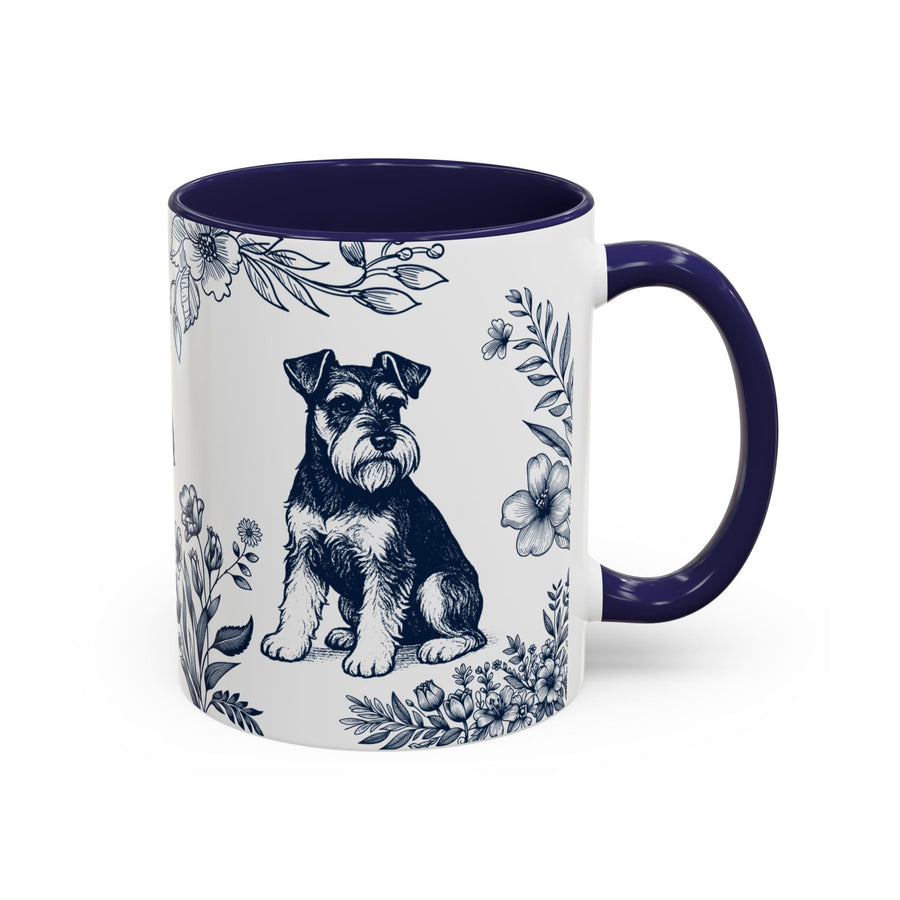 Schnauzer toile accent coffee mug with navy handle and interior and a blue toile schnauzer print